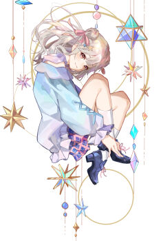 1girl absurdres black_shoes blue_jacket blue_skirt brown_hair hair_ribbon high_heels highres jacket long_hair looking_at_viewer original oriori_0201 pastel_colors pink_eyes pink_ribbon pink_skirt plaid_clothes plaid_skirt ribbon shoes skirt socks solo star_(symbol) virtual_youtuber white_background white_socks yume_kawaii