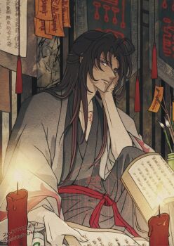 Rule 34 | 1boy, ahoge, artist name, bishounen, black hair, black hanfu, book, branded, calligraphy brush, candle, chinese clothes, closed mouth, coat, commentary request, dated, fire, grey coat, hair down, half updo, hand on own cheek, hand on own face, hanfu, head rest, highres, holding, holding scroll, indoors, kikitwtaisen, long hair, looking at viewer, male focus, modao zushi, official alternate costume, official alternate hairstyle, ofuda, open book, open clothes, open coat, paintbrush, paper, purple eyes, red sash, robe, sash, scar, scar on chest, scroll, sidelocks, sitting, smile, solo, stick, talisman, tassel, twitter username, watermark, wei wuxian, wei wuxian (yiling laozu), wide sleeves