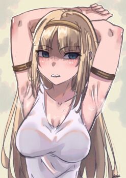 1girl absurdres armband arms_up blonde_hair blush breasts collarbone commentary desagi dress english_commentary hairband highres light_frown long_hair looking_at_viewer parted_lips shingeki_no_kyojin signature simple_background sleeveless sleeveless_dress solo sweat upper_body white_dress ymir_fritz