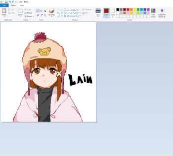 1girl :| animal_print art_program_in_frame asymmetrical_hair beanie bear_print brown_eyes brown_hair casual character_name closed_mouth curtained_hair cut_bangs earflap_beanie expressionless ezier hair_ornament hat hood hood_down hooded_jacket iwakura_lain jacket jaggy_lines looking_at_viewer microsoft_paint_(medium) oekaki open_clothes open_jacket pink_hat pink_jacket pom_pom_(clothes) pom_pom_beanie serial_experiments_lain short_hair side_part solo source_request straight-on turtleneck upper_body white_background x_hair_ornament