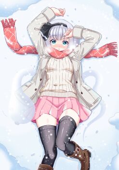 1girl absurdres alternate_costume black_hairband black_thighhighs blue_eyes blush boots breasts breath brown_boots commentary_request grey_hair grey_jacket hairband highres jacket knee_boots konpaku_youmu long_sleeves lying on_back open_clothes open_jacket outdoors pink_skirt pleated_skirt red_scarf reimei_(r758120518) scarf skirt small_breasts snow snowing solo sweater thighhighs touhou winter_clothes yellow_sweater youmu_day