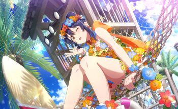 1girl beach blue_hair blue_nails brown_eyes day fingernails flower flower_wreath game_cg hair_bun head_wreath hibiscus highres looking_at_viewer love_live! love_live!_school_idol_festival_2 love_live!_school_idol_project nail_polish official_art one_eye_closed outdoors palm_tree sidelocks single_hair_bun sitting solo sonoda_umi third-party_source tree