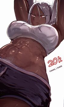 &gt;:( 1girl abs absurdres animal_ears armpits arms_behind_head arms_up artist_name blue_shorts boku_no_hero_academia breasts commentary dark-skinned_female dark_skin english_commentary english_text from_below frown highres large_breasts long_eyelashes long_hair looking_to_the_side milestone_celebration mirko navel parted_bangs pubic_hair pubic_hair_peek rabbit_ears rabbit_girl red_eyes shibbunny shiny_skin short_shorts shorts simple_background solo sports_bra stomach sweat toned toned_female v-shaped_eyebrows white_background white_hair white_pubic_hair white_sports_bra