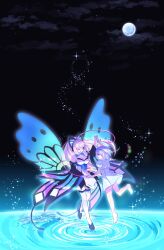 Rule 34 | 2girls, aihira (aihira12), antenna hair, azure striker gunvolt, bare shoulders, black sleeves, blonde hair, blue sleeves, breasts, butterfly hair ornament, butterfly wings, cleavage, closed eyes, dancing, dress, energy wings, full moon, hair ornament, highres, holding hands, insect wings, joule (gunvolt), large breasts, long hair, long sleeves, lumen (gunvolt), moon, multiple girls, pink hair, purple hair, purple sleeves, short hair, sparkle, standing, standing on liquid, strapless, strapless dress, thighhighs, white dress, white thighhighs, wide sleeves, wings