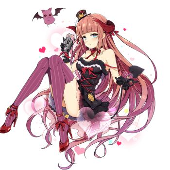 1girl aqua_eyes bare_shoulders black_dress black_gloves black_hat blunt_bangs breasts choker demon demon_girl demon_horns demon_tail demon_wings dress fur-trimmed_dress fur_trim gloves hat high_heels holding holding_microphone horns long_hair medium_breasts microphone mini_hat purple_thighhighs red_choker red_hair red_shoes ribbon_choker selina_falset shoes sitting striped_clothes striped_thighhighs tail thighhighs uchi_no_hime-sama_ga_ichiban_kawaii vertical-striped_clothes vertical-striped_thighhighs wings