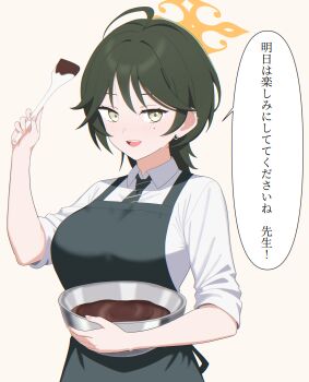 Rule 34 | 1girl, absurdres, ahoge, apron, blue archive, bowl, breasts, chocolate, collared shirt, commentary request, diagonal-striped clothes, diagonal-striped necktie, ear piercing, food, fuyu (blue archive), green apron, green eyes, green hair, green necktie, halo, highres, holding, holding bowl, holding chocolate, holding food, holding spatula, large breasts, light blush, looking at viewer, medium hair, mole, mole under eye, necktie, open mouth, orange halo, piercing, shirt, simple background, sleeves rolled up, solo, spatula, speech bubble, striped clothes, translation request, upper body, valentine, white shirt, wolf cut, yellow background, yude13b