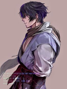 1boy belt black_hair brown_background commentary_request earrings grey_scarf grey_tunic hair_between_eyes highres jewelry male_focus nini_tw99 parted_lips pectorals profile red_belt scarf shin_sangoku_musou shin_sangoku_musou_origins shirt short_hair solo tunic twitter_username upper_body white_shirt ziluan_(shin_sangoku_musou)