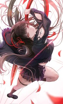1girl arm_cutout black_hair black_jacket black_serafuku black_shirt black_shoes black_skirt black_socks breasts bright_pupils chisa_(wuthering_waves) closed_mouth clothing_cutout commentary hair_ribbon highres holding holding_sword holding_weapon jacket long_hair long_sleeves looking_at_viewer medium_breasts mole mole_under_eye penguintake red_eyes red_petals red_ribbon ribbon school_uniform serafuku shirt shoes skirt socks solo sword tacet_mark_(wuthering_waves) thigh_strap weapon white_background white_pupils wuthering_waves