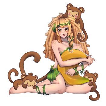 1girl animal_ears artist_request banana bananajuju blonde_hair brown_eyes brown_fur dreadlocks food freckles fruit highres indie_virtual_youtuber leaf long_hair looking_at_viewer monkey monkey_ears monkey_girl open_mouth plant plant_clothing simple_background solo transparent_background vines virtual_youtuber