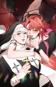 Rule 34 | 2girls, absurdres, arm around neck, blue eyes, blush, breasts, cleavage, commentary, cross, cross necklace, demon horns, demon tail, demon wings, english commentary, green eyes, highres, holding, holding cross, horns, jewelry, long hair, looking at viewer, mole, mole under eye, mole under mouth, multiple girls, necklace, nun, original, parted lips, red hair, smile, sweetandsour9, tail, tongue, tongue out, white hair, wings, yuri