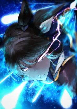 1girl absurdres admire_vega_(starry_nocturne)_(umamusume) admire_vega_(umamusume) animal_ears black_pantyhose blue_dress brown_hair commentary_request dress eye_trail glowing glowing_eyes hair_between_eyes hasewo highres horse_ears horse_girl light_trail long_hair long_sleeves necktie pantyhose purple_eyes running solo umamusume white_necktie