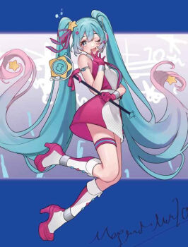 1girl aqua_eyes aqua_hair blush boots commentary_request dress gradient_hair hair_ornament hair_ribbon hatsune_miku holding holding_wand jpeg_artifacts long_hair magical_mirai_(vocaloid) magical_mirai_miku magical_mirai_miku_(2022) multicolored_hair official_alternate_costume official_alternate_hairstyle one_eye_closed open_mouth pink_boots pink_dress pink_hair pink_ribbon ribbon shigupon sleeveless sleeveless_dress smile solo star_(symbol) star_hair_ornament thigh_strap very_long_hair vocaloid wand