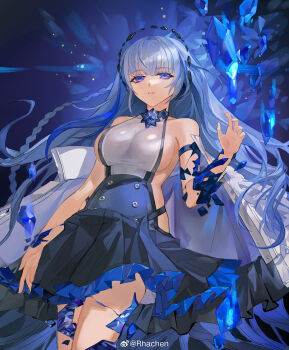 Rule 34 | 1girl, absurdres, blue eyes, blue hair, braid, breasts, cracked skin, darkstar hubble (neural cloud), girls' frontline, girls' frontline neural cloud, grey hair, highres, hubble (neural cloud), large breasts, long hair, looking at viewer, rhachen, sideless shirt, solo, watermark, weibo username, weibo watermark