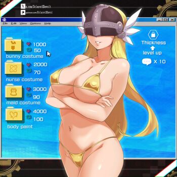 Rule 34 | 1girl, angewomon, arms up, bikini, breasts, covered erect nipples, covered eyes, cowboy shot, dclaret, digimon, digimon (creature), gold bikini, helmet, helmet over eyes, highres, large breasts, micro bikini, solo, swimsuit, winged helmet