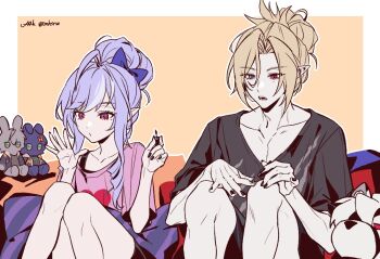 1boy 1girl alternate_costume alternate_hairstyle belle_(zenless_zone_zero) black_shirt blonde_hair collarbone feet_out_of_frame heterochromia hugo_vlad knees_up long_hair maka_(mksrw) mole mole_under_eye open_mouth pink_shirt pointy_ears purple_eyes purple_hair red_eyes shirt sitting stuffed_animal stuffed_rabbit stuffed_toy vivian_banshee von_lycaon wise_(zenless_zone_zero) zenless_zone_zero