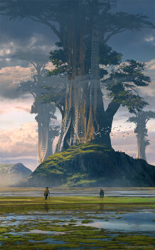 3others artist_name building cane cloud cloudy_sky commentary dated english_commentary flock giant_tree lake landscape moss multiple_others original outdoors painterly raphael-lacoste scenery science_fiction sky tree