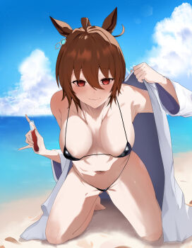 1girl absurdres agnes_tachyon_(umamusume) ahoge animal_ears beach bikini black_bikini blue_sky blush breasts brown_hair chemical_structure cleavage coat collarbone commentary_request day earrings hair_between_eyes highres horse_ears horse_girl horse_tail jewelry kneeling lab_coat large_breasts micro_bikini navel ocean red_eyes rumina_runa sand short_hair single_earring sky smile solo stomach swimsuit tail thighs umamusume vial water white_coat