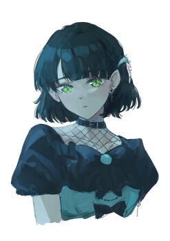 1girl black_bow black_dress black_hair bob_cut bow braid collarbone cropped_torso dress dress_bow fishnet_dress green_eyes highres l9525 link!_like!_love_live! looking_at_viewer love_live! momose_ginko new_black_(love_live!) official_alternate_costume parted_lips puffy_short_sleeves puffy_sleeves short_hair short_sleeves side_braid simple_background solo virtual_youtuber white_background