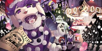 +_+ 2girls :3 amusement_park boots bow brown_eyes brown_hair carousel castle cellphone closed_eyes collared_shirt commentary crescent doreking doremy_sweet dream_soul dream_world_(touhou) english_commentary excited falling fedora ferris_wheel fountain game_cg hat hat_bow highres holding_mascot_head horns ishikawa_sparerib long_hair long_sleeves mascot_costume mascot_head multiple_girls night night_sky nightcap official_art open_mouth phone plaid_clothes plaid_skirt pom_pom_(clothes) purple_eyes purple_hair purple_skirt purple_vest quimbaya_airplane red-framed_eyewear red_hat roller_coaster school_uniform semi-rimless_eyewear sheep sheep_horns shirt silhouette skirt sky smartphone smile smug third-party_source this_man touhou touhou_lostword under-rim_eyewear usami_sumireko vest wanted_poster white_boots white_hat white_shirt yukkuri_shiteitte_ne
