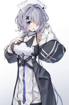 1girl absurdres arknights blush breasts cleavage commentary dress eyepatch hair_ornament hand_up hat highres large_breasts long_hair looking_at_viewer medical_eyepatch nurse_cap open_mouth purple_eyes purple_hair riu_kawano simple_background solo very_long_hair wet wet_clothes wet_gloves whisperain_(arknights) white_background white_dress x_hair_ornament