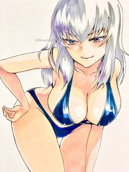 1girl bikini blue_bikini blue_eyes breasts girls_und_panzer grey_hair hand_on_own_hip highres itsumi_erika large_breasts long_hair looking_at_viewer marker_(medium) sawamaru30 simple_background smile solo string_bikini swimsuit traditional_media twitter_username white_background