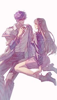 Rule 34 | 1boy, 1girl, black shirt, boots, breasts, brown hair, cardigan partially removed, chaoxibumian, collared shirt, couple, fish hair ornament, hair between eyes, hair ornament, hetero, highres, holding, holding brush, kneeling, long hair, looking at another, love and deepspace, medium breasts, open mouth, pants, parted bangs, protagonist (love and deepspace), purple hair, rafayel (love and deepspace), shirt, short hair, sitting, skirt, smile, white background, white shirt