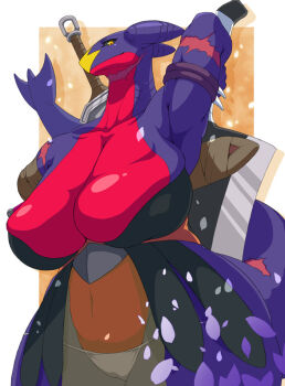 68 amputee breasts garchomp gen_4_pokemon huge_breasts missing_limb nintendo pokemon pokemon_(creature) scar sword weapon
