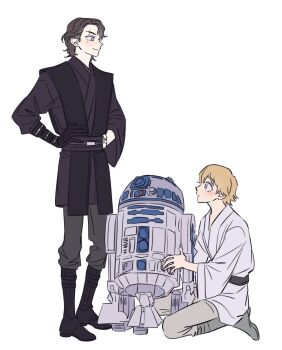 1girl 2boys anakin_skywalker android animification boots droid expressionless father_and_son happy highres jedi luke_skywalker multiple_boys r2-d2 robot scar scar_across_eye scar_on_face simple_background skdlfjgrp smile star_wars star_wars:_a_new_hope star_wars:_revenge_of_the_sith time_paradox white_background