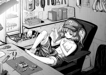 1girl barefoot box breasts casual_nudity chair clock collarbone desk feet feet_on_table feet_together female_focus flat_chest greyscale hacksaw hair_bobbles hair_ornament hat hisou_tensoku itou_yuuji kawashiro_nitori lamp monochrome navel nipples pants paper pliers saw screwdriver shirt sitting small_breasts solo toes tools topfreedom topless_female touhou twintails two_side_up unworn_shirt workshop wrench