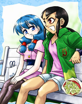 1boy 1girl :d amakasu bad_id bad_pixiv_id bag bench bindi black_hair blue_eyes bouquet cecile_(g_gundam) cecile_holger flower g_gundam gundam highres midriff multiple_girls open_clothes open_mouth open_shirt ponytail purple_hair red_eyes rose sai_saici shirt shopping_bag shorts smile star_(symbol) sunrise_(company) thighhighs