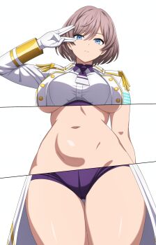 1girl absurdres anime_coloring blue_eyes breasts brown_hair commentary_request feet_out_of_frame gloves gridman_universe highres jacket large_breasts leotard looking_at_viewer mujina navel neck noshimurin purple_leotard short_hair simple_background solo ssss.dynazenon standing underboob white_background white_gloves white_jacket