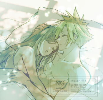 1boy 1girl bed_sheet black_hair blonde_hair breasts closed_eyes closed_mouth cloud_strife collarbone commentary_request couple cuddling final_fantasy final_fantasy_vii gogochi55 hand_on_another&#039;s_head heads_together hetero highres hug large_breasts long_hair lying morning nude on_back on_side parted_lips pectorals pillow sleeping spiked_hair tifa_lockhart twitter_username under_covers upper_body