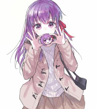 1girl black_bag blush brown_skirt character_doll covering_own_mouth cowboy_shot doll fate/extra fate_(series) hair_between_eyes hair_ribbon hands_up highres holding holding_doll jacket long_hair long_sleeves looking_at_viewer matou_sakura matou_sakura_(fate/extra) minamisakura011 open_clothes open_jacket purple_eyes purple_hair red_ribbon ribbon simple_background skirt solo standing sweater white_background white_jacket white_sweater