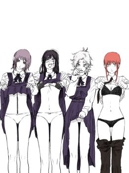 4girls absurdres biting_own_finger black_bra black_gloves black_hair black_necktie black_panties black_pants bra breasts chainsaw_man closed_mouth clothes_lift clothes_pull collared_shirt death_devil_(chainsaw_man) deep_wound dress dress_lift expressionless facial_scar fami_(chainsaw_man) famine_devil_(chainsaw_man) fourth_east_high_school_uniform gloves grey_hair highres injury lifting_own_clothes long_hair looking_at_viewer makima_(chainsaw_man) medium_breasts medium_hair messy_hair multiple_girls navel necktie open_mouth panties pants pants_pull pinafore_dress purple_dress purple_eyes purple_hair red_hair scar scar_on_cheek scar_on_face scar_on_nose school_uniform senaka_look shirt shirt_lift sidelocks sleeveless sleeveless_dress underwear white_panties white_shirt yellow_eyes yoru_(chainsaw_man)