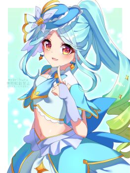 1girl :d artist_name blue_hair blue_hat blue_necktie blue_shrug blue_skirt blue_tube_top breasts bridal_gauntlets commentary cowboy_shot cure_eclair drill_hair earrings gradient_hair green_hair hat heart heart_in_eye index_finger_raised jewelry layered_skirt long_hair looking_at_viewer meitantei_precure! midriff mini_hat multicolored_hair myarikuru navel necktie open_mouth orange_eyes precure short_sleeves shrug_(clothing) sidelocks skirt small_breasts smile solo standing strapless swept_bangs symbol_in_eye tilted_headwear tube_top very_long_hair