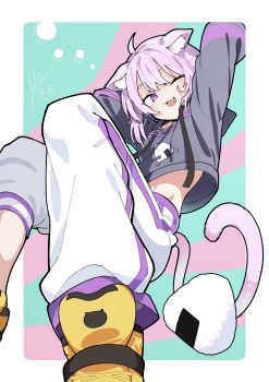 1girl :3 absurdres ahoge animal_ear_fluff animal_ears black_hoodie cat_ears cat_girl cat_tail fang hanten_(hantennano) highres hololive hood hoodie looking_at_viewer nekomata_okayu nekomata_okayu_(1st_costume) one_eye_closed pants purple_eyes purple_hair shoes short_hair skin_fang smile solo tail virtual_youtuber white_pants yellow_shoes