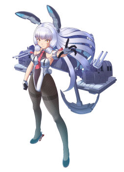 1girl adapted_costume anchor black_leotard black_pantyhose blunt_bangs breasts commentary_request covered_navel fishnet_pantyhose fishnets floating_headgear gloves grey_hair hair_ribbon headgear kantai_collection leotard long_hair medium_breasts moke_ro multicolored_leotard murakumo_(kancolle) murakumo_kai_ni_(kancolle) orange_eyes pantyhose playboy_bunny ribbon rigging sidelocks solo thighband_pantyhose tress_ribbon two-tone_leotard very_long_hair white_leotard