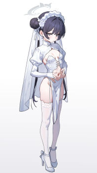 1girl absurdres bare_shoulders black_hair blue_archive blush breasts bridal_gauntlets bridal_veil center_opening double_bun dress earrings eco_376124 frilled_hairband frills full_body garter_straps grey_eyes hair_bun hairband halo high_heels highres jewelry juliet_sleeves kisaki_(blue_archive) long_hair long_sleeves looking_at_viewer navel pelvic_curtain puffy_sleeves shrug_(clothing) small_breasts solo thighhighs twintails veil white_dress white_shrug white_thighhighs