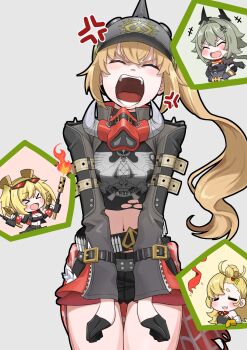 Rule 34 | 4girls, anger vein, black gloves, black helmet, black jacket, black shorts, blonde hair, blush, board coark, breasts, burnice white, caesar king (zenless zone zero), cleavage, cowboy shot, eyewear on head, flamethrower, gloves, green hair, grey background, hair between eyes, hair bun, half gloves, helmet, highres, holding flamethrower, holding weapon, jacket, long hair, luciana de montefio, midriff, multiple girls, navel, open mouth, piper wheel, shorts, side ponytail, sidelocks, simple background, standing, sunglasses, teeth, v-shaped eyebrows, weapon, yellow gloves, zenless zone zero