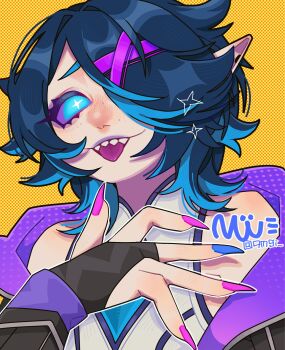 1girl bare_shoulders battle_academia_briar black_bridal_gauntlets blue_eyes blue_hair blue_nails blue_streaks briar_(league_of_legends) bridal_gauntlets colored_sclera commentary english_commentary fingernails hair_ornament hair_over_one_eye halterneck hand_up highres league_of_legends long_fingernails medium_hair messy_hair multicolored_hair multicolored_nails nw_(qmgi_) official_alternate_costume official_alternate_hair_color one_eye_covered pink_nails pointy_ears portrait purple_sclera sharp_teeth shirt signature solo star_(symbol) star_in_eye streaked_hair symbol_in_eye teeth tongue tongue_out twitter_username white_shirt x_hair_ornament