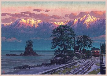 border cloud commentary_request fence guard_rail japan landscape mountain mountainous_horizon mugumo_24k no_humans ocean orange_clouds original outdoors pine_tree railroad_crossing railroad_tracks real_world_location revision rock scenery signature snow sunset toyama_prefecture traffic_light train tree water white_border winter