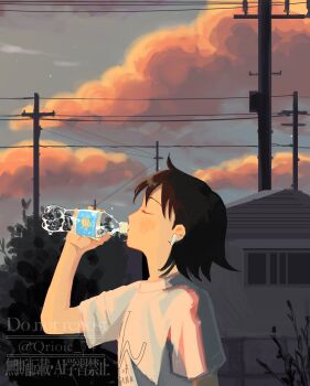 1girl black_hair bottle closed_eyes cloud cloudy_sky commentary_request drinking earbuds earphones from_side futsuu_no_keion-bu hatono_chihiro highres holding holding_bottle house outdoors power_lines print_shirt profile qrioic74 shirt short_hair short_sleeves sky solo t-shirt upper_body utility_pole water_bottle watermark white_shirt wireless_earphones