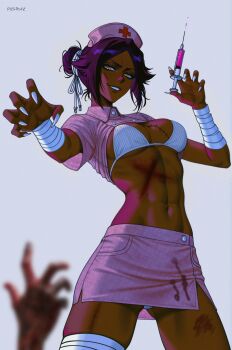 ai-assisted bleach breasts dark-skinned_female dark_skin fingernails hair_ornament halloween halloween_costume hat highres large_breasts long_hair nurse nurse_cap parted_bangs prixmal purple_hair sharp_fingernails shihouin_yoruichi simple_background standing syringe teeth yellow_eyes