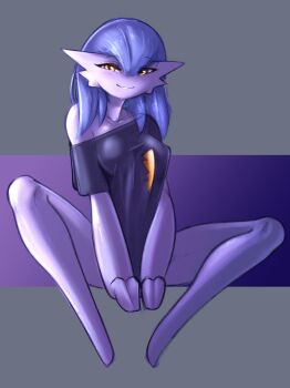 Rule 34 | 1girl, alternate color, barefoot, black shirt, blue hair, blueman282, blush, bottomless, breasts, collarbone, colored skin, covering crotch, covering privates, female focus, full body, gardevoir, gen 3 pokemon, hair between eyes, half-closed eyes, happy, light blush, long hair, looking at viewer, medium breasts, nintendo, no bra, no feet, off shoulder, orange eyes, own hands together, pokemon, pokemon (creature), shiny pokemon, shirt, shirt tug, short sleeves, sidelighting, single bare shoulder, sitting, smile, solo, spread legs, torn clothes, torn shirt, v arms, white skin