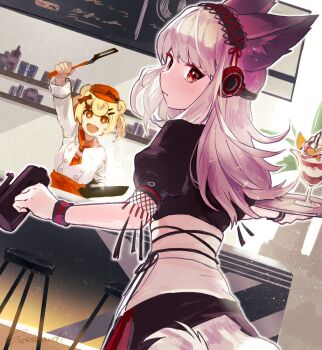animal_ears arknights bear_ears blonde_hair chef chef_hat coffee_pot commentary_request double_bun drink food fox_ears fox_tail frostleaf_(arknights) frying_pan gummy_(arknights) hair_bun hair_ornament hairclip hand_up hat headphones highres holding holding_drink holding_frying_pan holding_spatula holding_tray implied_extra_ears infection_monitor_(arknights) long_hair parfait short_hair short_sleeves smile spatula sutoa tail tray