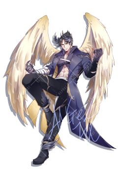 1boy absurdres angel_jin angel_wing black_hair highres kazama_jin namco pants shoes sin.(artist) tekken tekken_3 tekken_4 tekken_5_(dark_resurrection) tekken_7 tekken_8 tekken_blood_vengeance tekken_tag_tournament tekken_tag_tournament_2 trenchcoat yellow_eyes