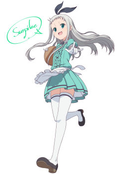 1boy apron black_hairband blend_s blush bow crossdressing crossdressing_(mtf) dress gloves green_eyes grey_hair hair_bow hairband kanzaki_hideri long_hair looking_at_viewer male_focus open_mouth short_sleeves smile solo stile_uniform thighhighs trap ushio_(0632cd-0729jf) waitress white_background white_gloves white_thighhighs