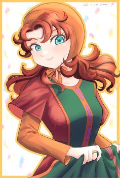 1girl brown_hair closed_mouth commentary_request curly_hair dragon_quest dragon_quest_vii dress green_eyes highres hood jewelry long_hair looking_at_viewer maribel_(dq7) ring smile solo yukey_ami