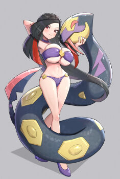 1girl absurdres alternate_costume bandeau bare_shoulders bikini black_hair blush breasts choker cleavage closed_mouth fangs gen_3_pokemon gonzarez grey_background high_heels highres large_breasts legs long_hair looking_at_viewer lucy_(pokemon) midriff multicolored_hair navel nintendo pokemon pokemon_(creature) pokemon_emerald pokemon_rse purple_bandeau purple_bikini purple_choker purple_hair red_eyes red_hair seviper simple_background smile snake stomach swimsuit two-tone_hair underboob very_long_hair