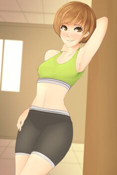 1girl armpits bike_shorts black_shorts blush blysill breasts brown_eyes brown_hair collarbone commentary cowboy_shot english_commentary highres indoors looking_at_viewer navel parted_lips persona persona_4 presenting_armpit satonaka_chie short_hair shorts sketch_background small_breasts solo sports_bra swept_bangs